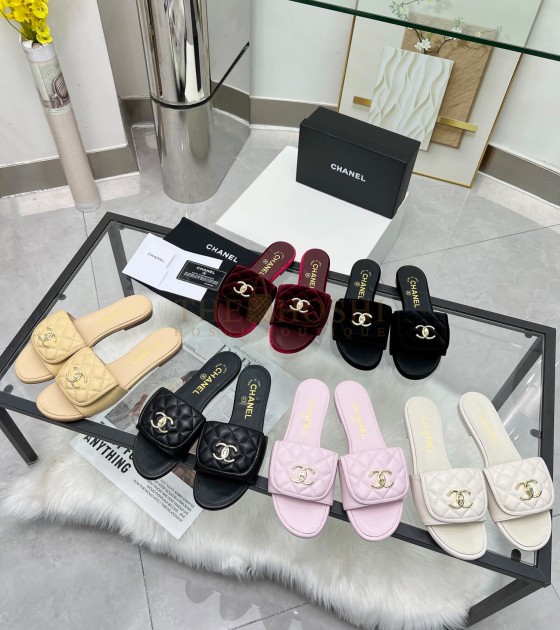 Ch**el Logo Slides Sandals Black Leather Sole 35-43