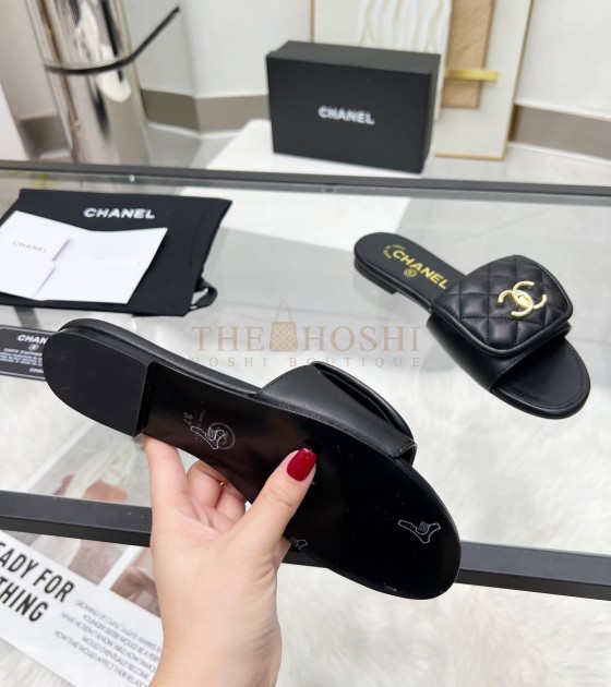 Ch**el Logo Slides Sandals Black Leather Sole 35-43