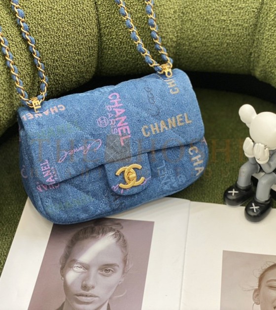Ch**el Classic Flap Denim Bag Gold Hardware Blue Size 23×14×8cm