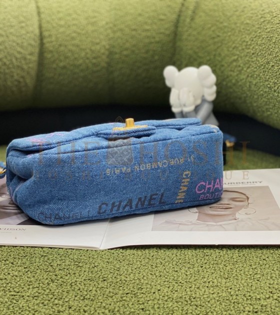 Ch**el Classic Flap Denim Bag Gold Hardware Blue Size 23×14×8cm