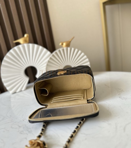 Ch**el Lamskin Leather Vantity Case With Chain Black Size 17x9.5x8CM Master Quality