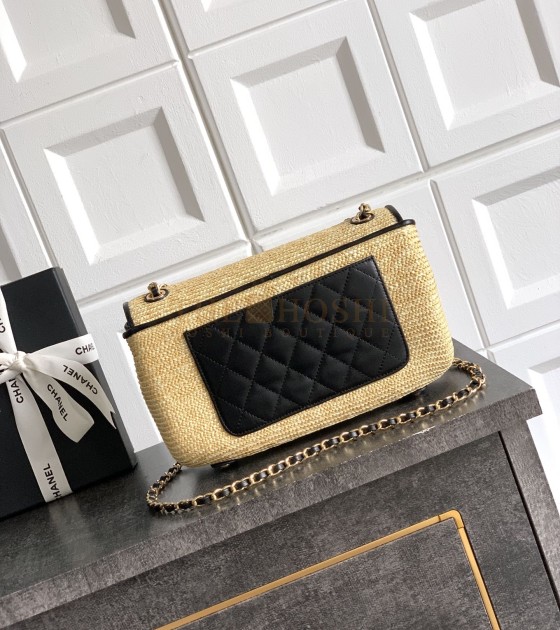 Ch**el Raffia Flap Bag Woven Straw with Lambskin Trim Khaki 26cm