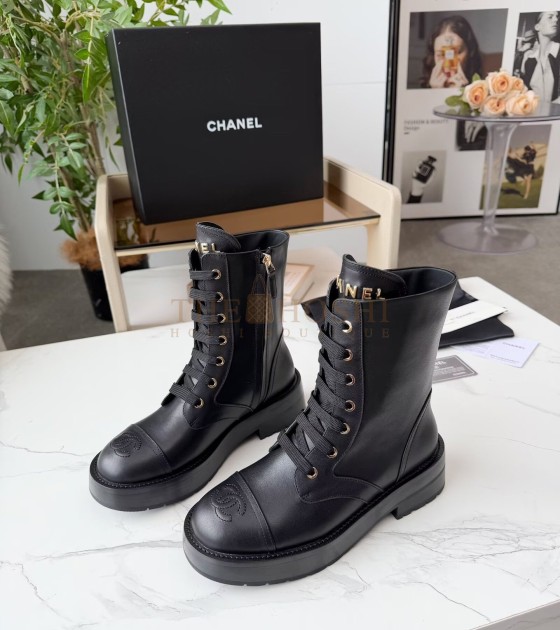 Ch**el Lace-Up Flats Leather Upper Size 35-42 Black Master Quality