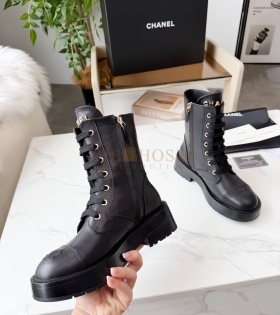 Ch**el Lace-Up Flats Leather Upper Size 35-42 Black Master Quality