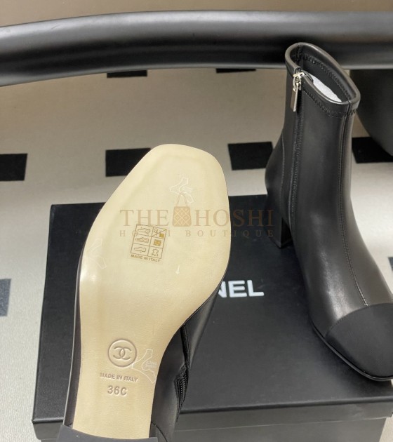 Ch**el Square-Toe Ankle Boots Elastic Lambskin & Leather Sole Black Women