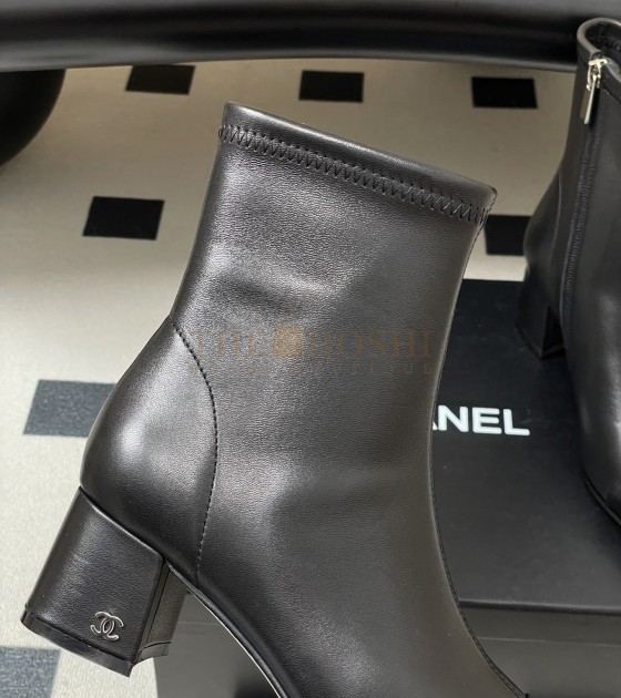 Ch**el Square-Toe Ankle Boots Elastic Lambskin & Leather Sole Black Women