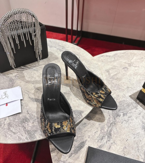 Chr1st1an Louboutin CL Pointed-Toe Heels Glossy Calfskin with Leopard Sequins Black Size Women