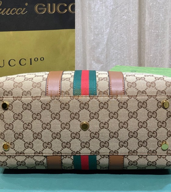 Gvc*1 Ophidia Pillow Bag 30x16x20cm Canvas Red/Green Web Leather Trim Master Quality