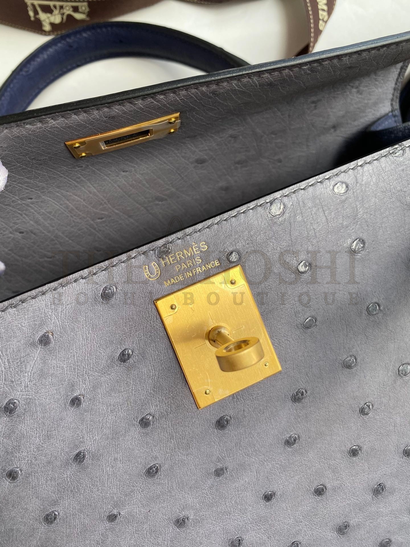 H**me5 Kelly Sellier 25 Bicolor Bag in Gris Agate and Blue Ostrich Leather Master Quality