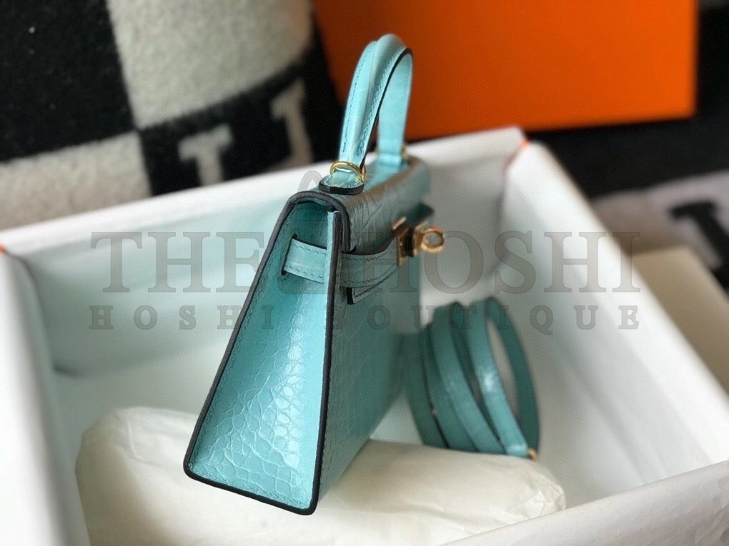 H**me5 Kelly Mini II Bag In Blue Atoll Crocodile Embossed Leather Master Quality