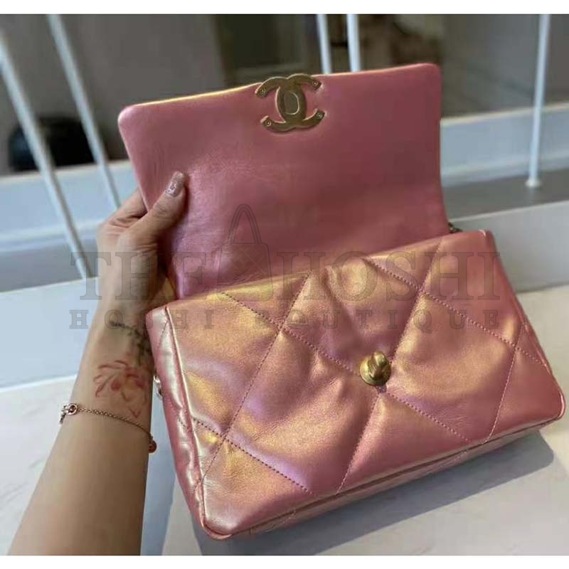 Ch**el Women 19 Flap Bag Lambskin Gold Silver-Tone Ruthenium-Finish Metal Coral Master Quality