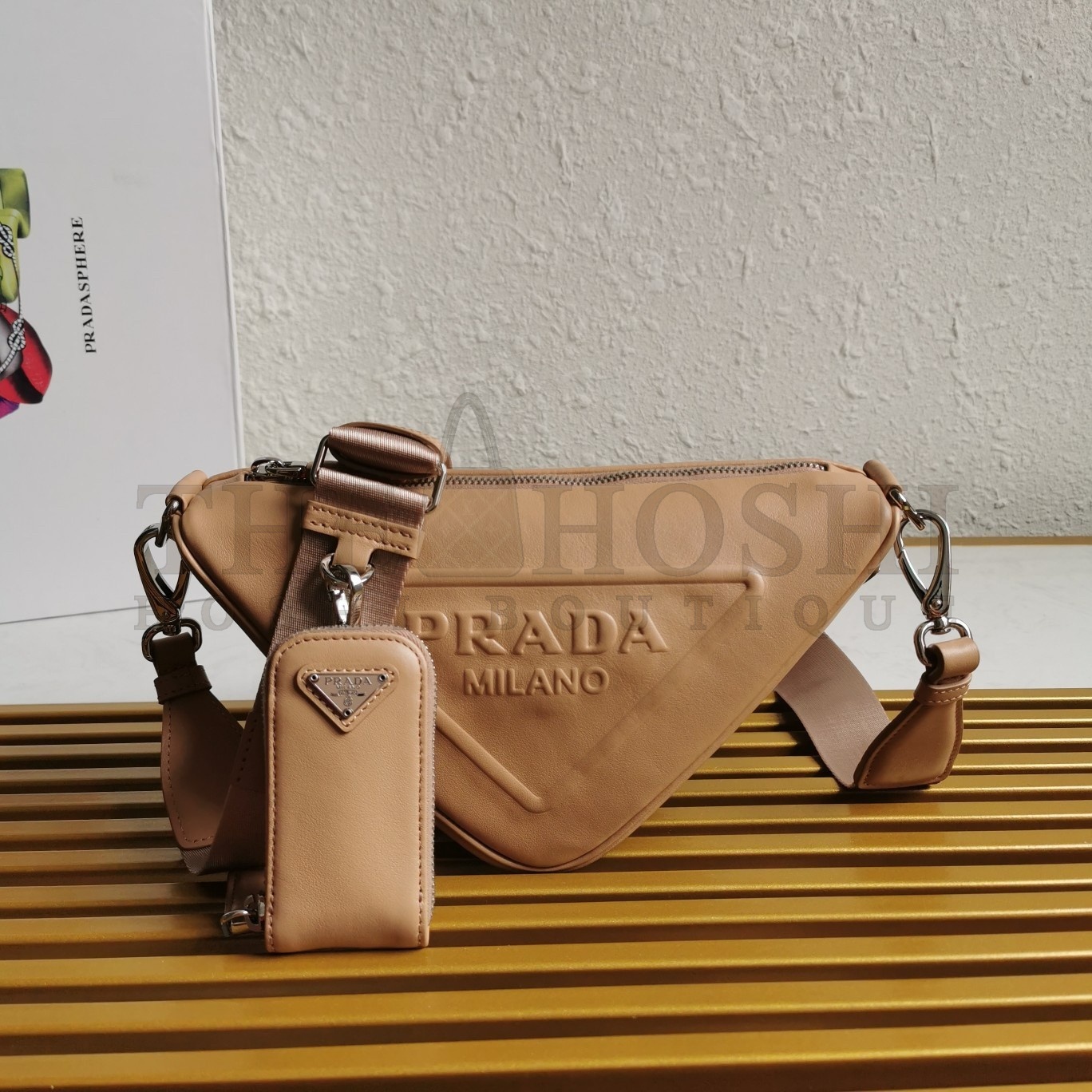 Pra*a Triangle Shoulder Bag In Beige Leather Master Quality