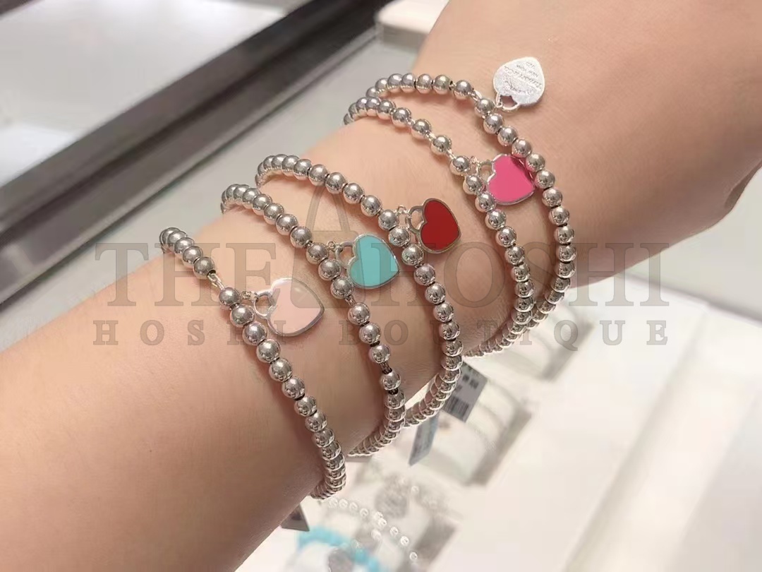T*f*ny T*f*ny& CO. Pink Heart Tag Bead Bracelet in Silver, 4 mm Master Quality
