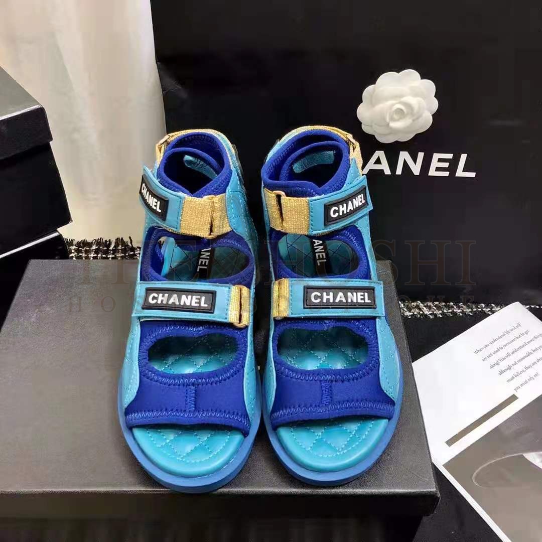 Ch**el Women Sandals Goatskin Fabric &amp; TPU Blue Dark Blue &amp; Black Master Quality
