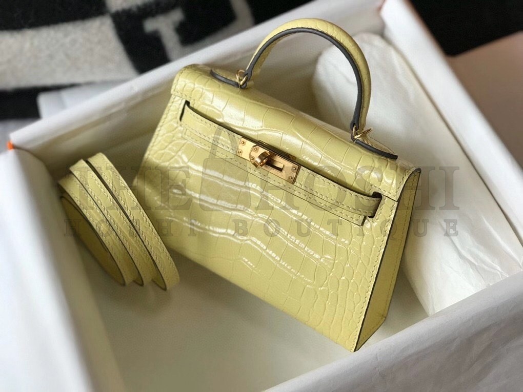 H**me5 Kelly Mini II Bag In Jaune Poussin Embossed Crocodile Calfskin Master Quality