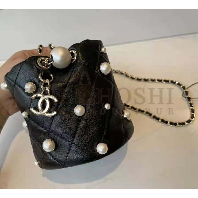 Ch**el Women Mini Drawstring Bag Lambskin Imitation Pearls &amp; Gold-Tone Metal Black Master Quality