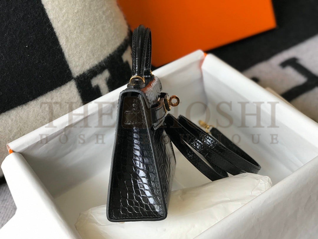 H**me5 Kelly Mini II Sellier Bag In Black Crocodile Embossed Leather Master Quality