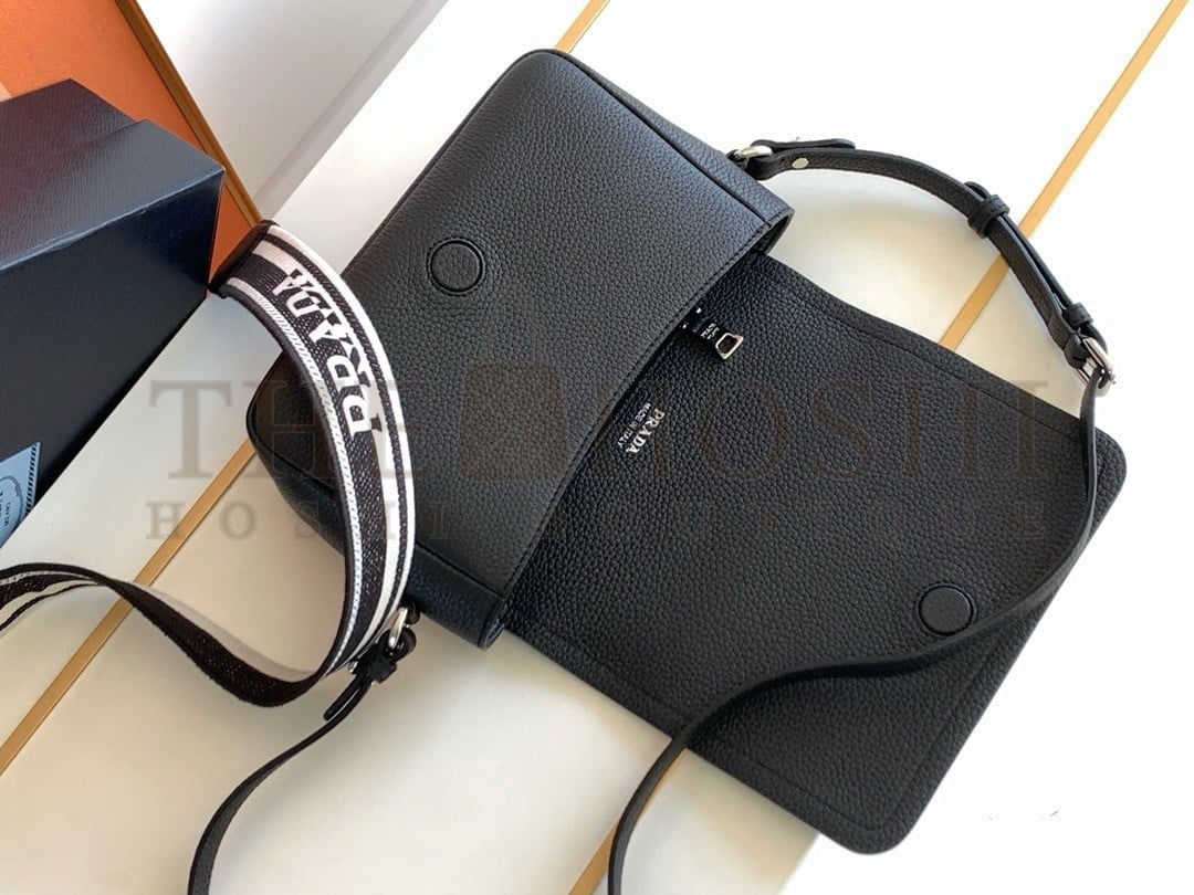 Pra*a Flap Shoulder Bag in Black Grained Leather Master Quality