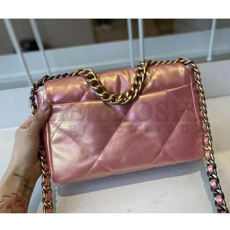 Ch**el Women 19 Flap Bag Lambskin Gold Silver-Tone Ruthenium-Finish Metal Coral Master Quality