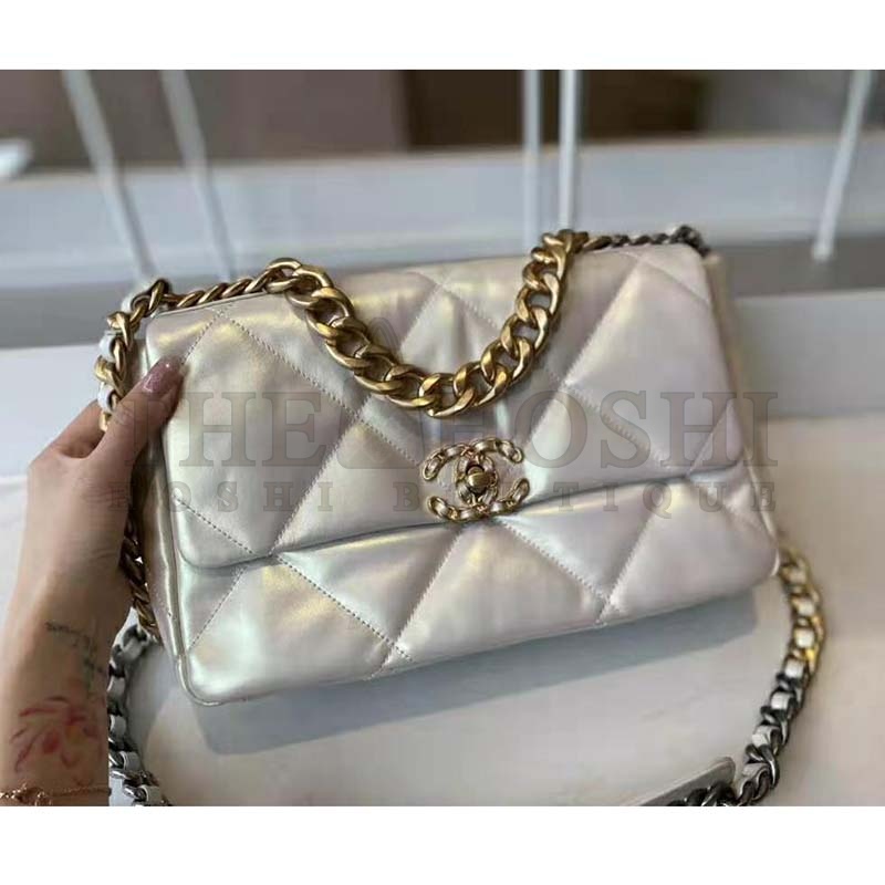 Ch**el Women 19 Large Flap Bag Iridescent Calfskin Gold Silver-Tone & Ruthenium-Finish Metal White Master Quality