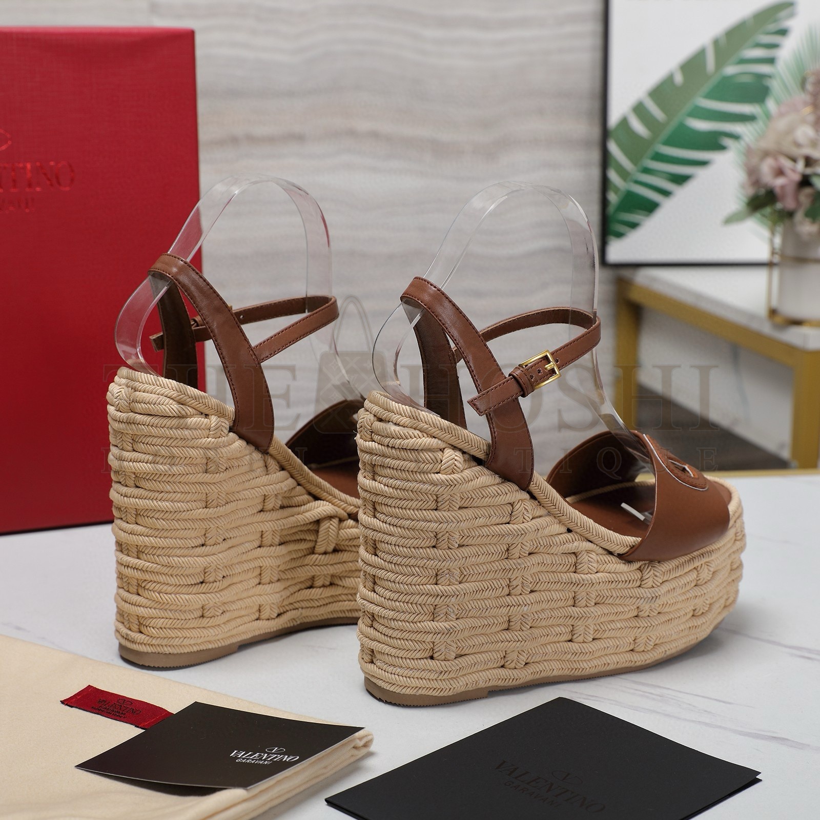 Va1e*ntin0 VLogo Cut-out Espadrille Wedge Sandals in Brown Leather Master Quality