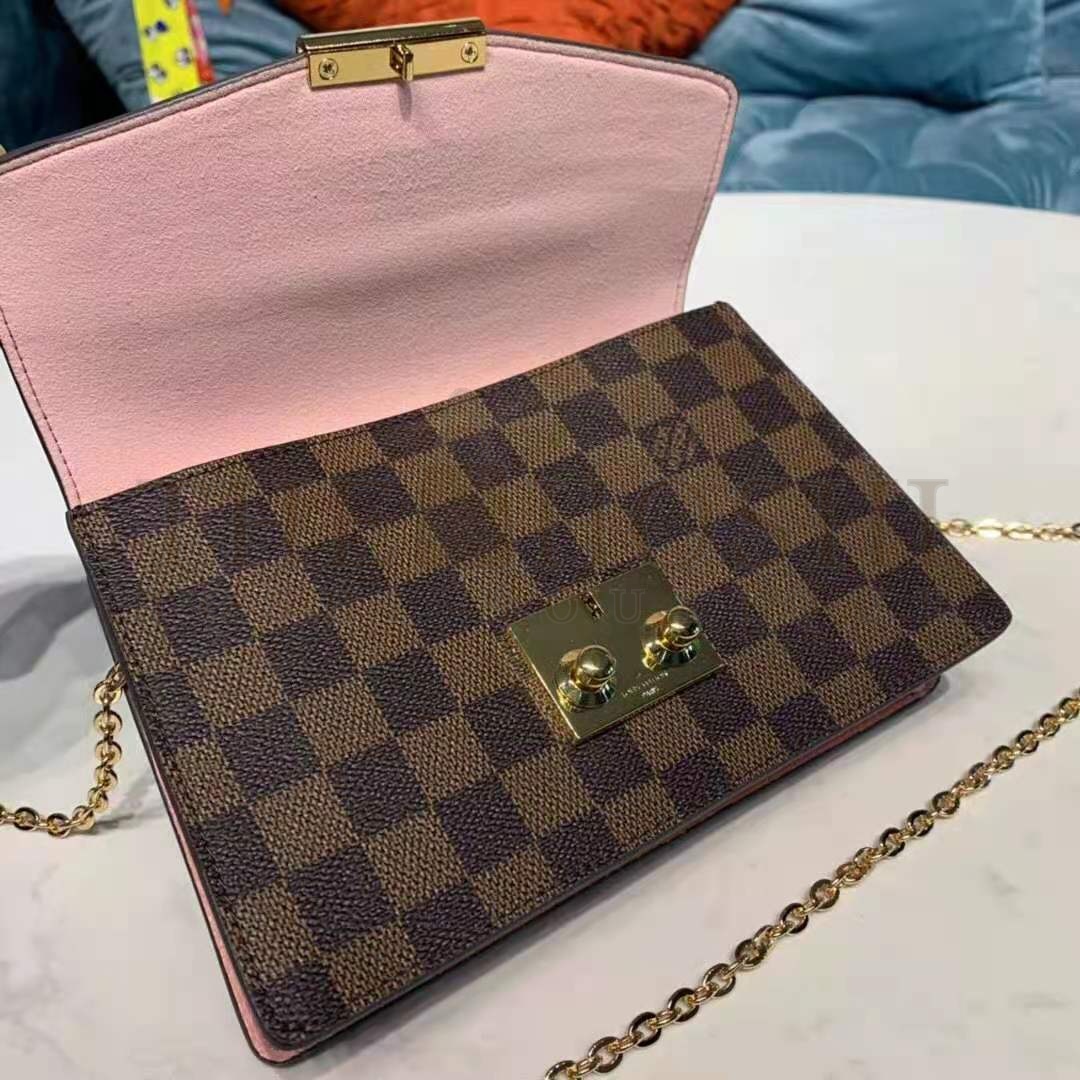 L0vis Vvtt0n LV Women Croisette Chain Wallet Magnolia Pink Damier Ebene Coated Canvas Master Quality