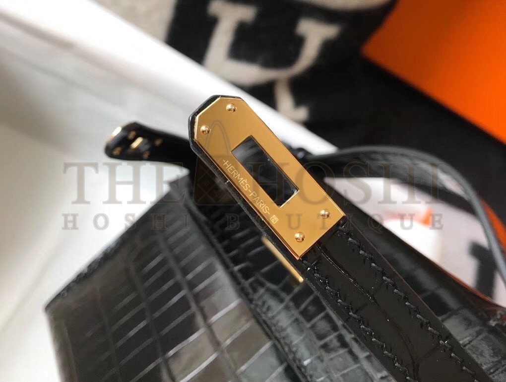 H**me5 Kelly Pochette Bag In Black Embossed Crocodile Leather Master Quality