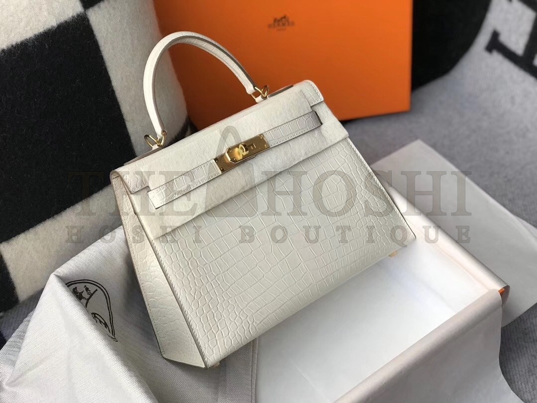 H**me5 Kelly 25cm Bag In White Embossed Crocodile Master Quality