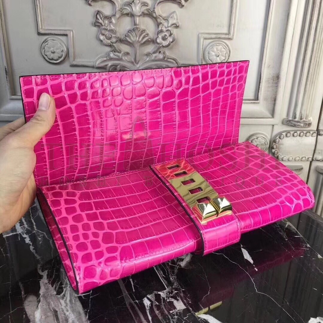 H**me5 Medor Clutch Bag In Rose Red Crocodile Leather Master Quality