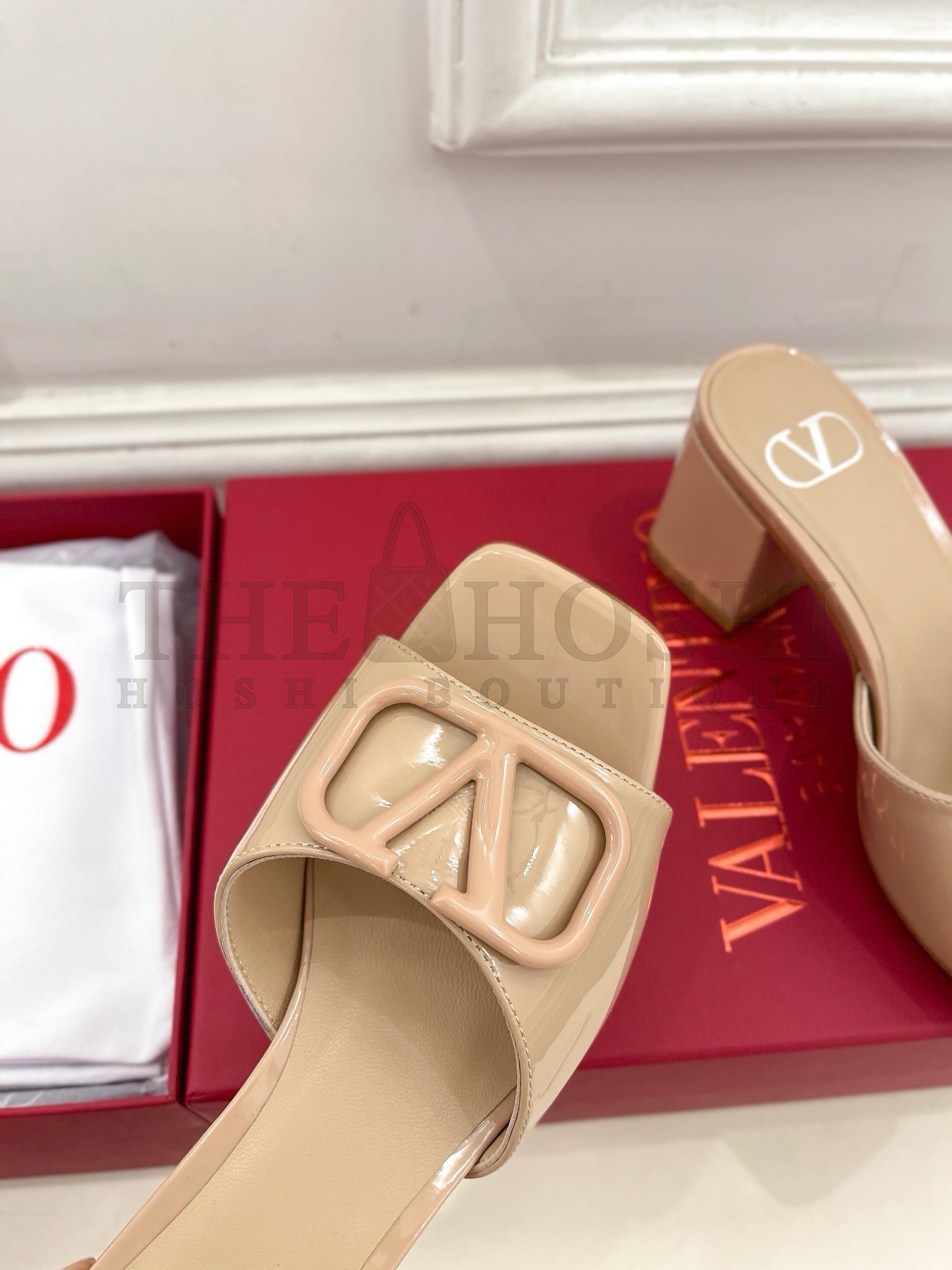 Va1e*ntin0 VLogo Slide Sandals 60mm in Rose Cannelle Patent Leather Master Quality