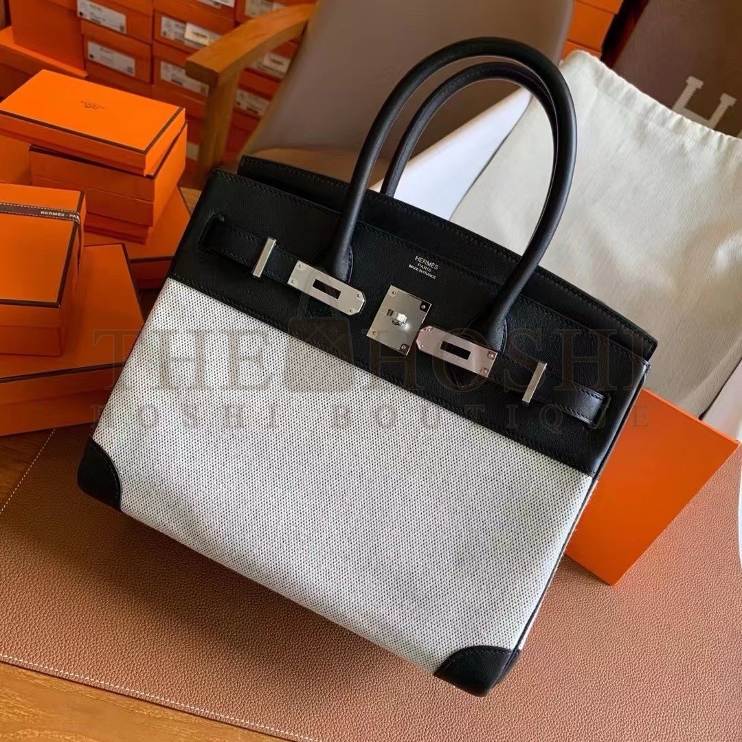 H**me5 Birkin 30 Handmade Bag In Toile & Black Swift Leather Master Quality