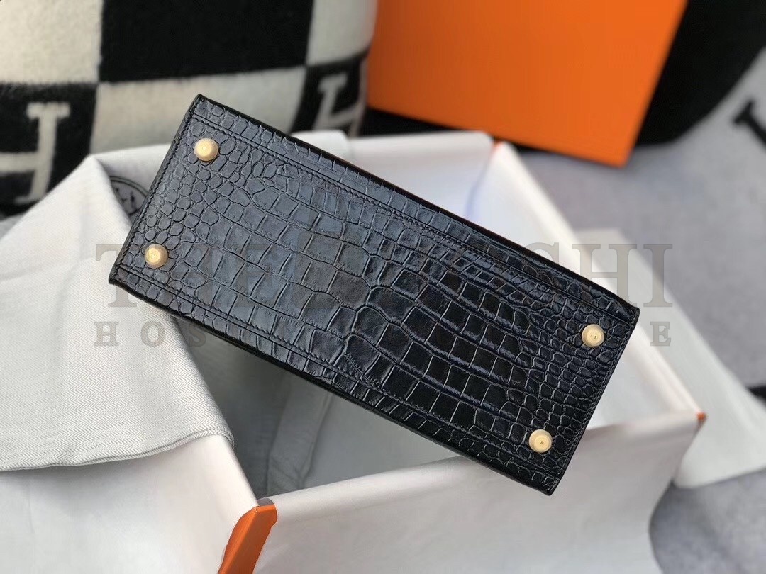 H**me5 Kelly 25cm Bag In Black Embossed Crocodile Master Quality