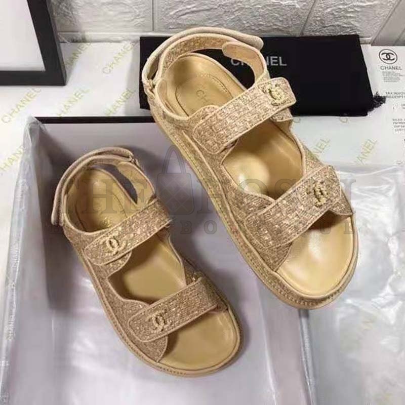 Ch**el Women Sandals Braided Fabric Beige 1 cm Heel Master Quality