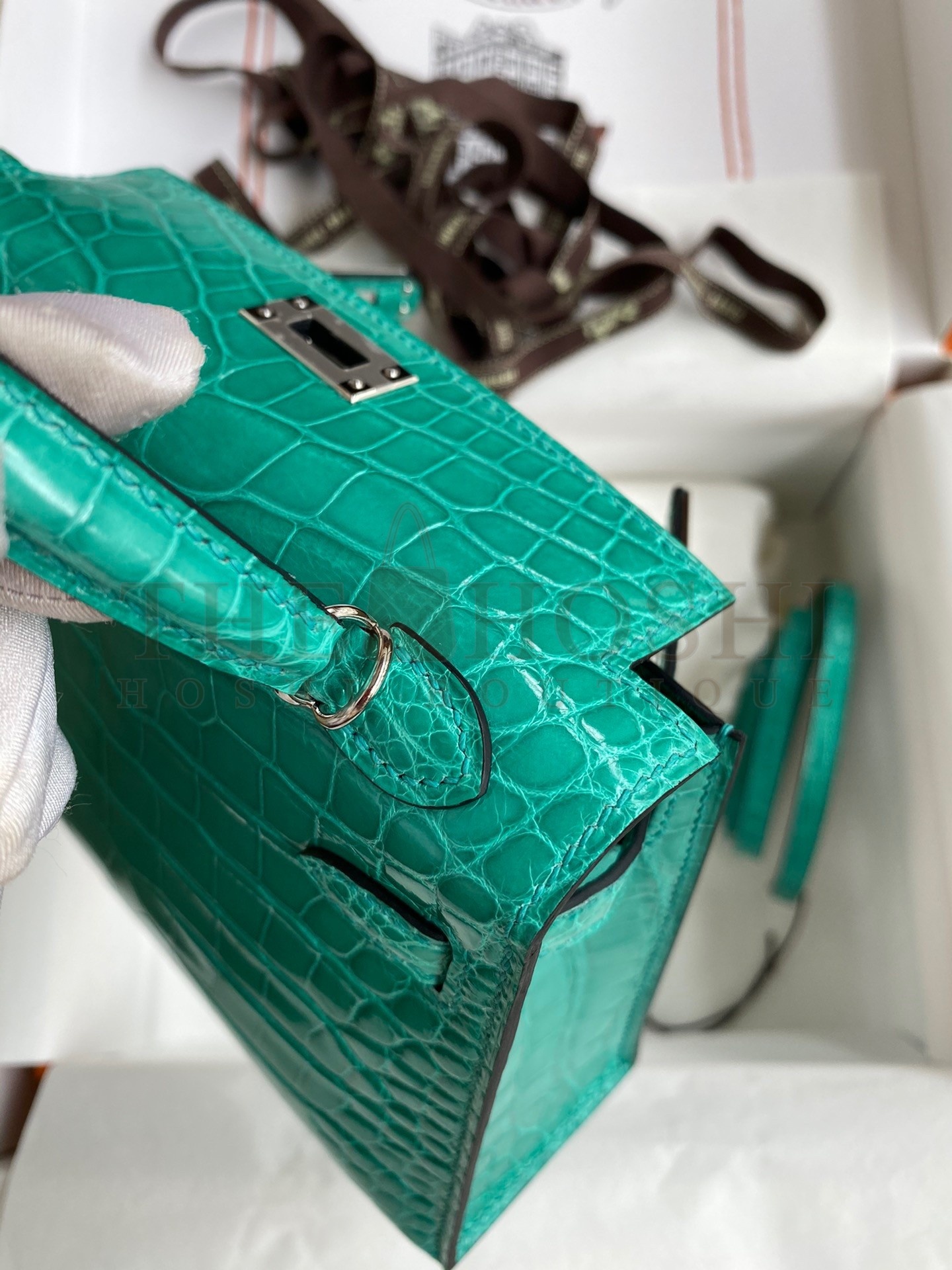 H**me5 Kelly Mini II Sellier Handmade Bag In Vert Jude Shiny Alligator Leather Master Quality