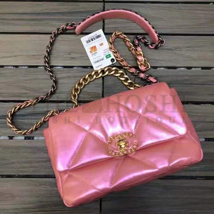 Ch**el Women 19 Flap Bag Lambskin Gold Silver-Tone &amp; Ruthenium-Finish Metal Coral Master Quality