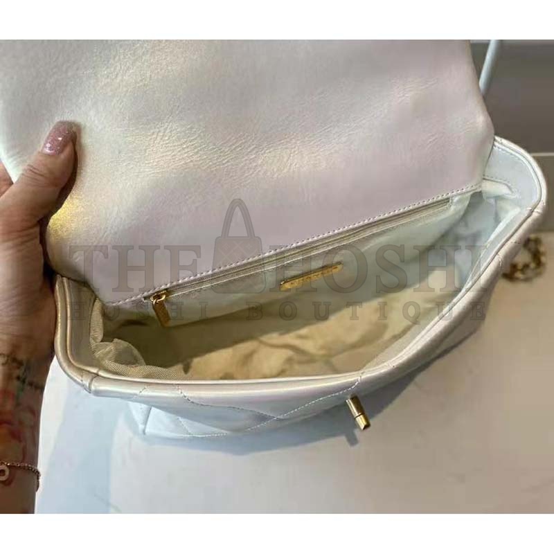 Ch**el Women 19 Large Flap Bag Iridescent Calfskin Gold Silver-Tone & Ruthenium-Finish Metal White Master Quality