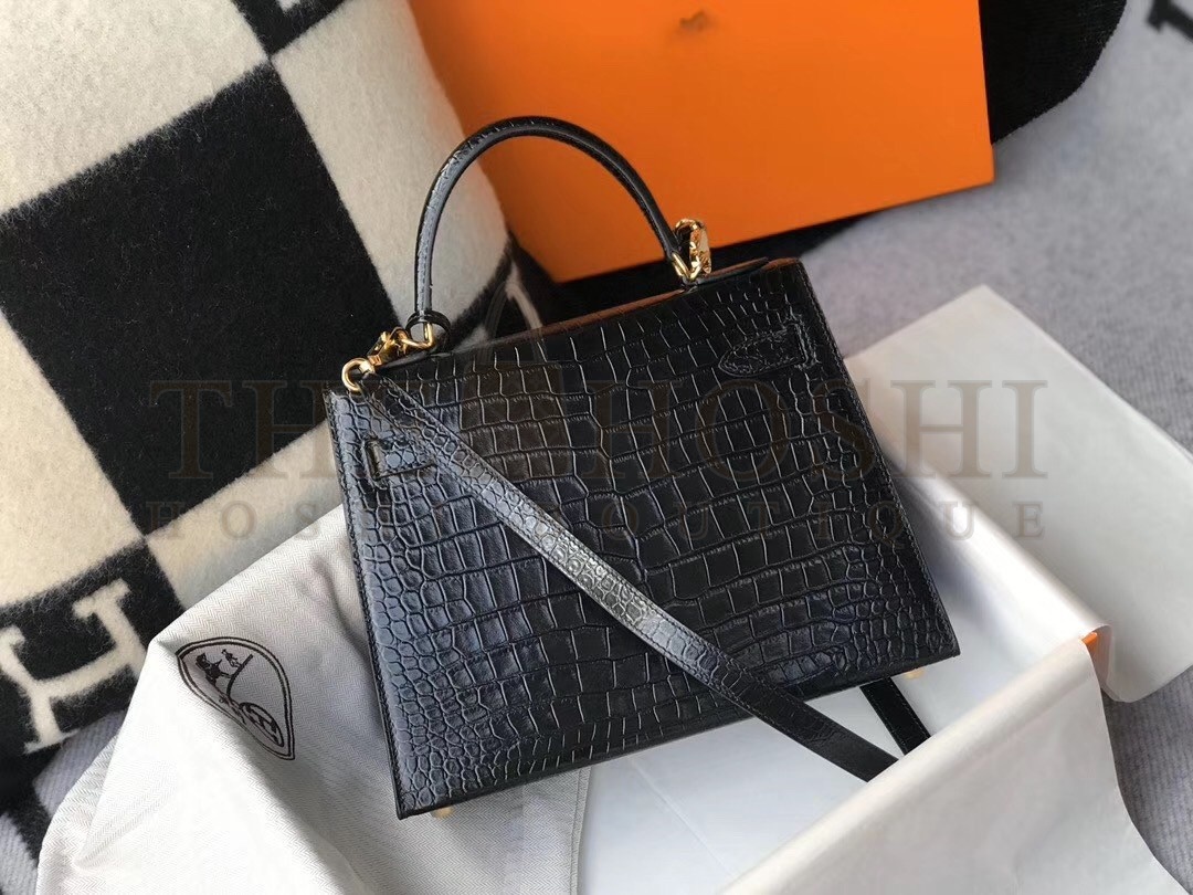 H**me5 Kelly 28cm Bag In Black Embossed Crocodile GHW Master Quality