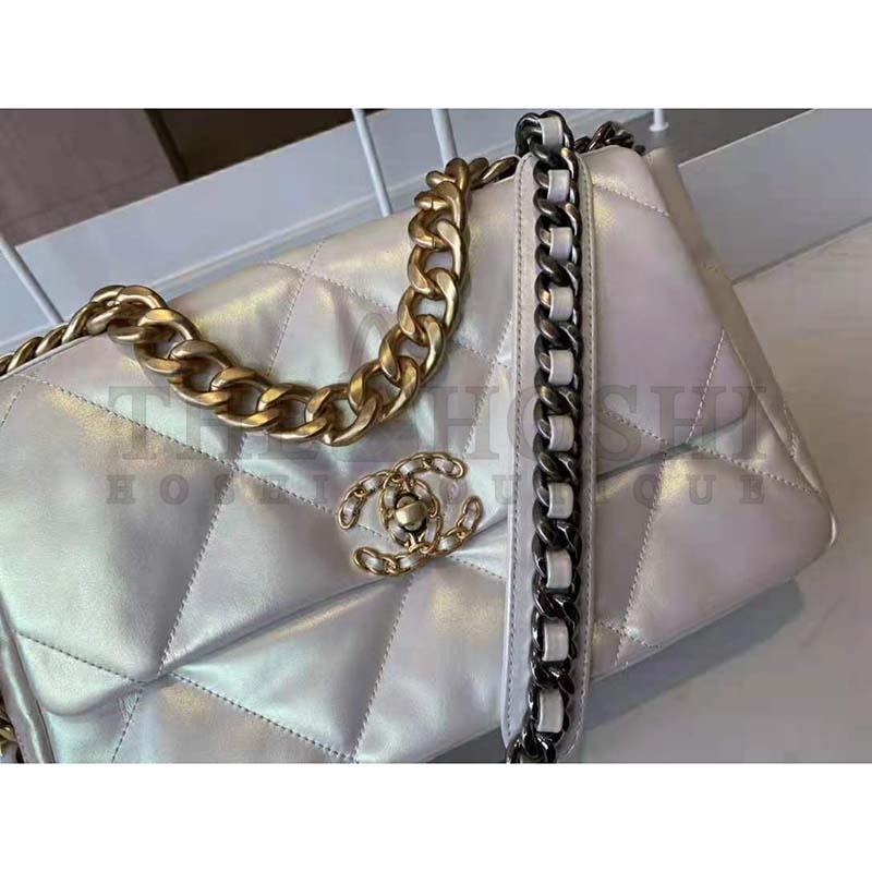Ch**el Women 19 Large Flap Bag Iridescent Calfskin Gold Silver-Tone & Ruthenium-Finish Metal White Master Quality
