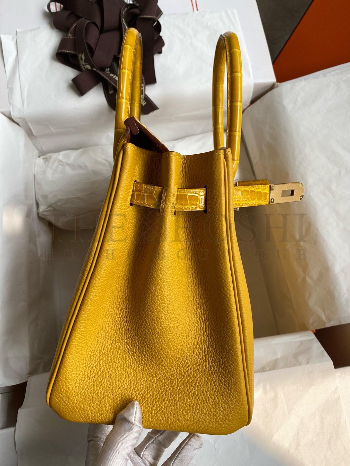 H**me5 Touch Birkin 30 Bag In Yellow Clemence and Shiny Niloticus Crocodile Skin Master Quality