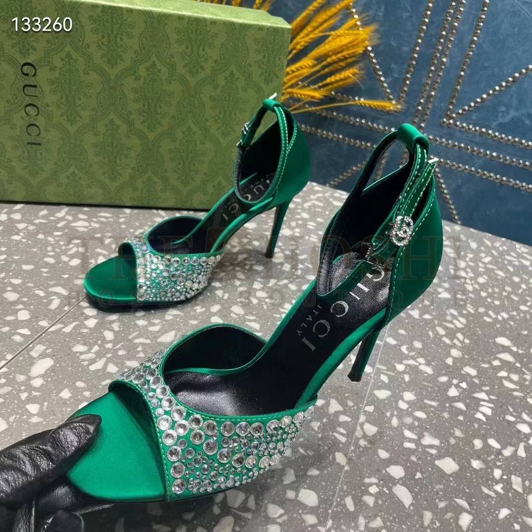 Gvc*1 Women G2 Mid-Heel Sandals Crystals Emerald Green Satin 11 CM Heel Double G Master Quality