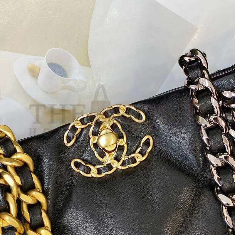 Ch**el Women CC Ch**el 19 Shopping Bag Lambskin Gold Silver-Tone Metal Black Master Quality