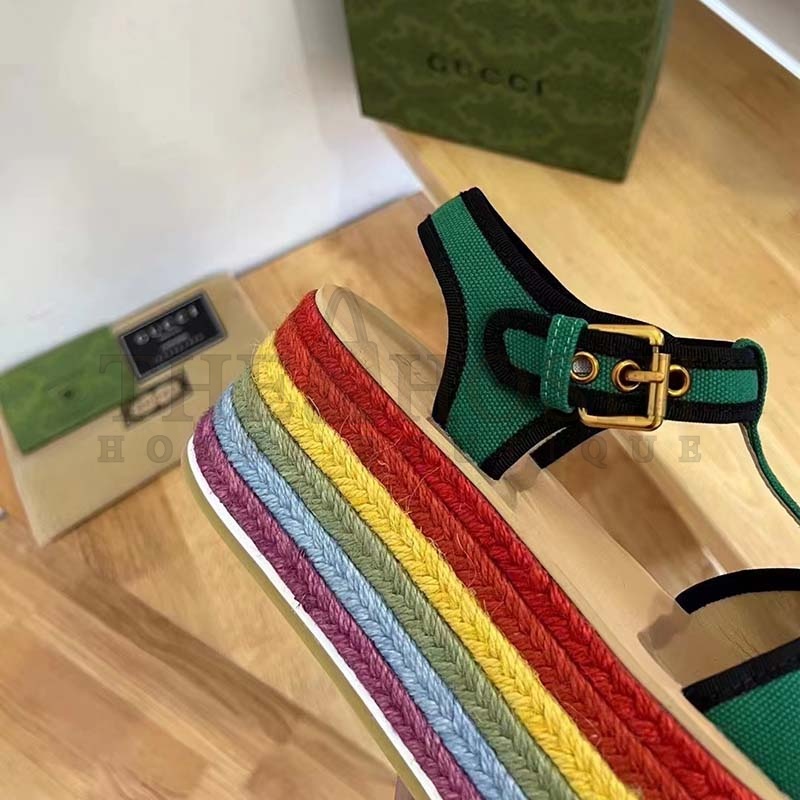 Gvc*1 Women G2 Platform Sandals Green Cotton Double G Embroidery 4 Cm Heel Master Quality