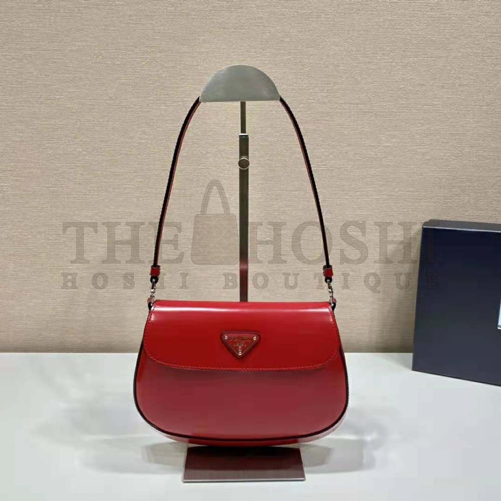 Pra*a Women Cleo Brushed Leather Shoulder Bag with Flap-Red Master Quality