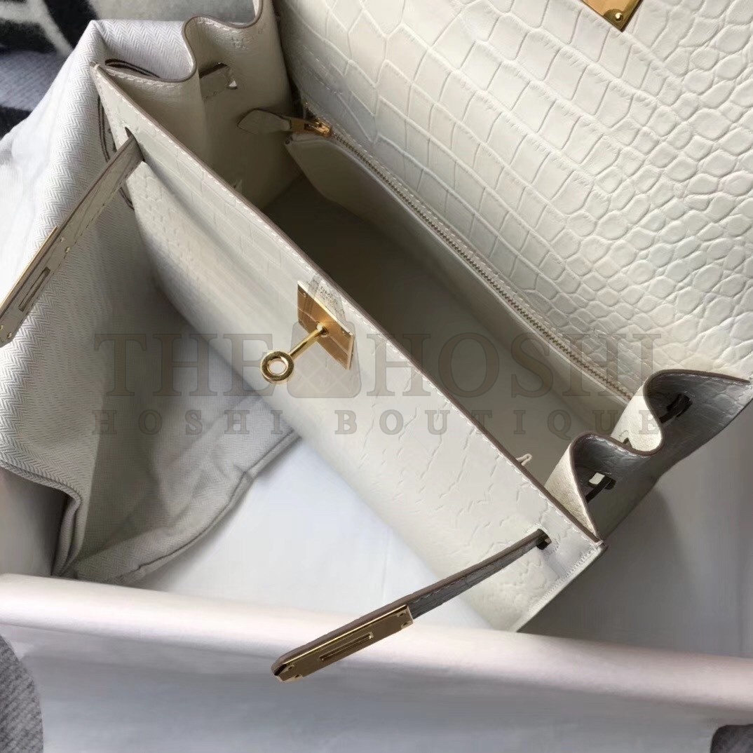 H**me5 Kelly 25cm Bag In White Embossed Crocodile Master Quality