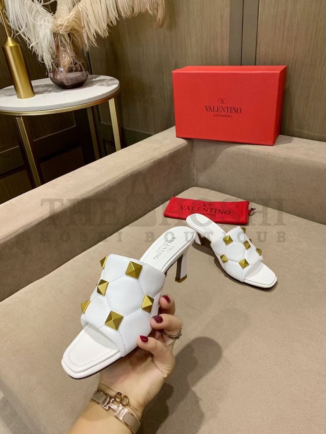 Va1e*ntin0 Roman Stud Slide Sandals 65mm In White Lambskin Master Quality