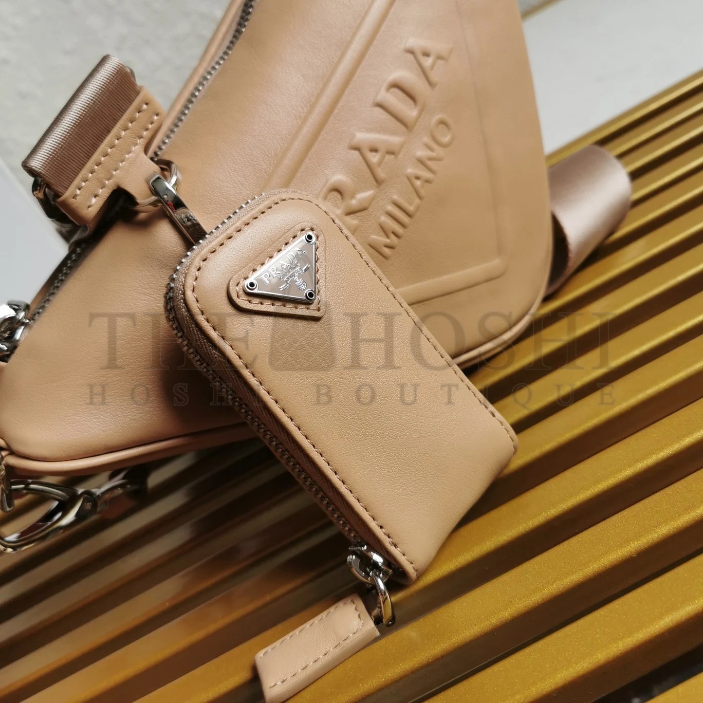 Pra*a Triangle Shoulder Bag In Beige Calfskin Master Quality