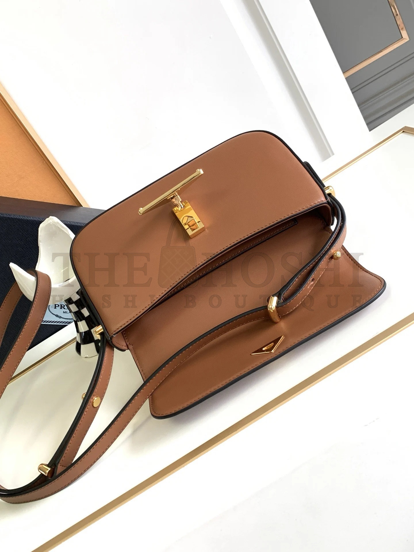 Pra*a Shoulder Bag in Cognac Smooth Calfskin Master Quality
