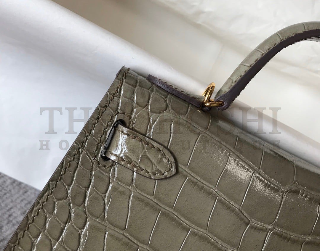 H**me5 Kelly Mini II Sellier Bag In Taupe Crocodile Embossed Leather Master Quality