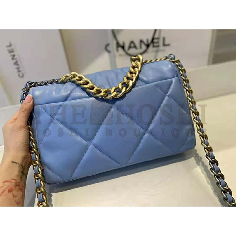 Ch**el Women Ch**el 19 Flap Bag Lambskin Gold Silver-Tone Ruthenium-Finish Metal Blue Master Quality