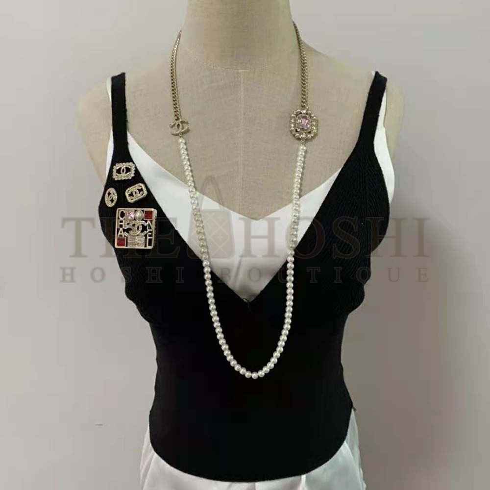 Ch**el Women Long Necklace in Metal Resin Glass Pearls and Strass Master Quality